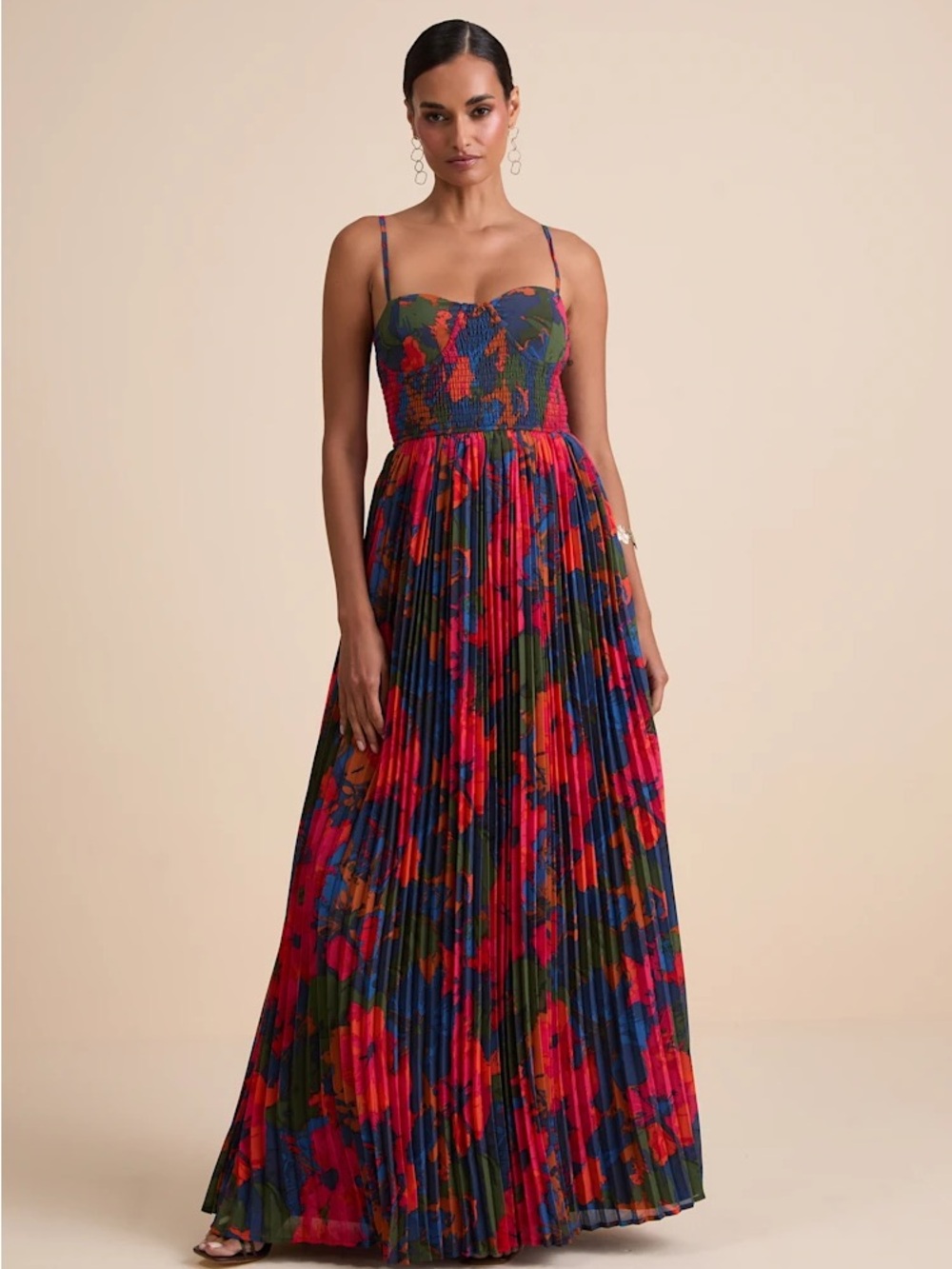 Lulus Kinleigh Red Multi Abstract Pleated Bustier Maxi Dress